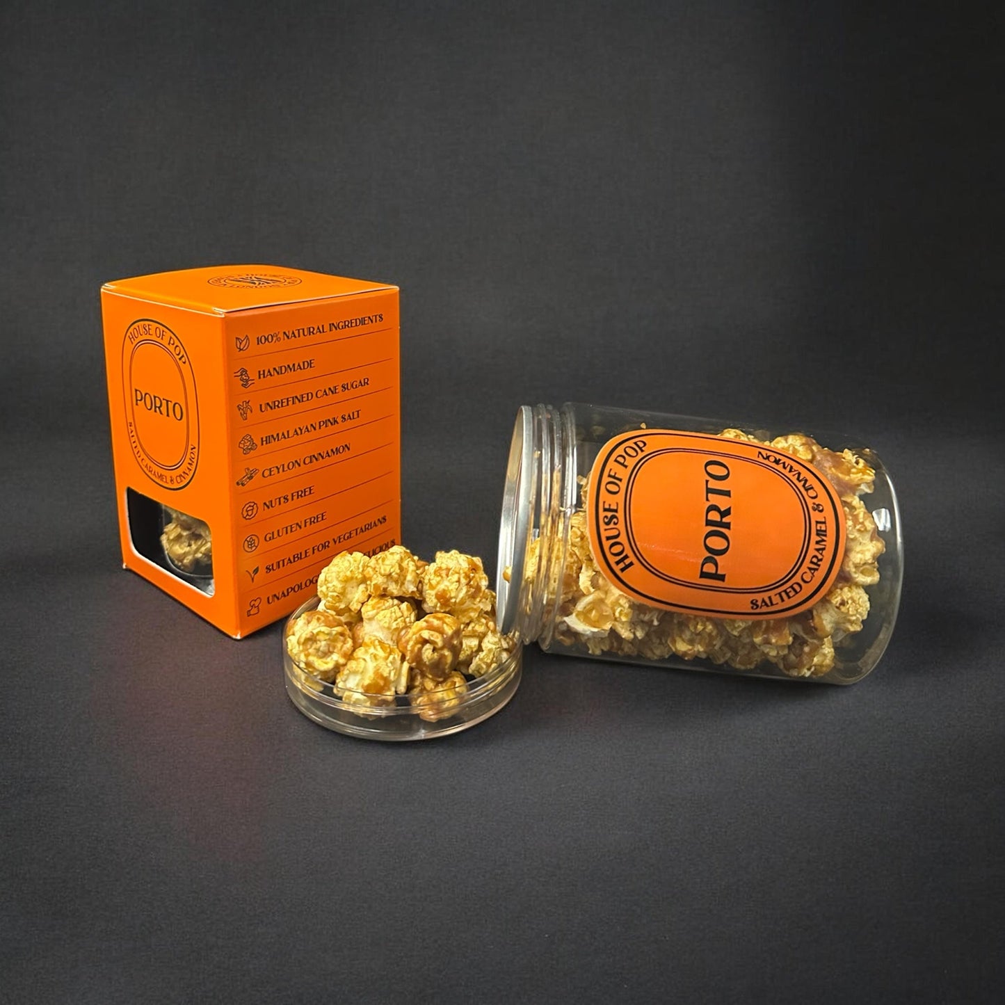 HOUSE OF POP Porto Salted Caramel and Cinnamon Artisan Popcorn Open Jar
