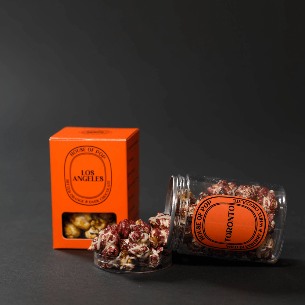 HOUSE OF POP Toronto Wild Blueberry & Belgian White Chocolate Artisan Popcorn open jar