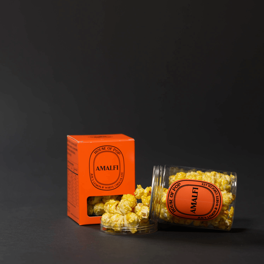 HOUSE OF POP Amalfi Juicy Lemon & Belgian White Chocolate Artisan Popcorn open jar