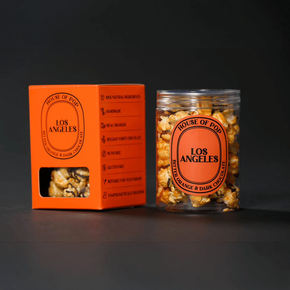 HOUSE OF POP Los Angeles Bitter Orange & Belgian Dark Chocolate Artisan Popcorn closed jar