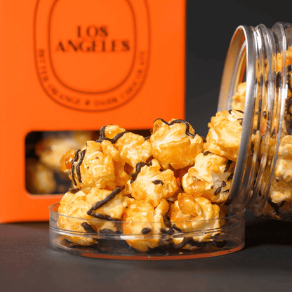 HOUSE OF POP Los Angeles Bitter Orange & Belgian Dark Chocolate Artisan Popcorn close up