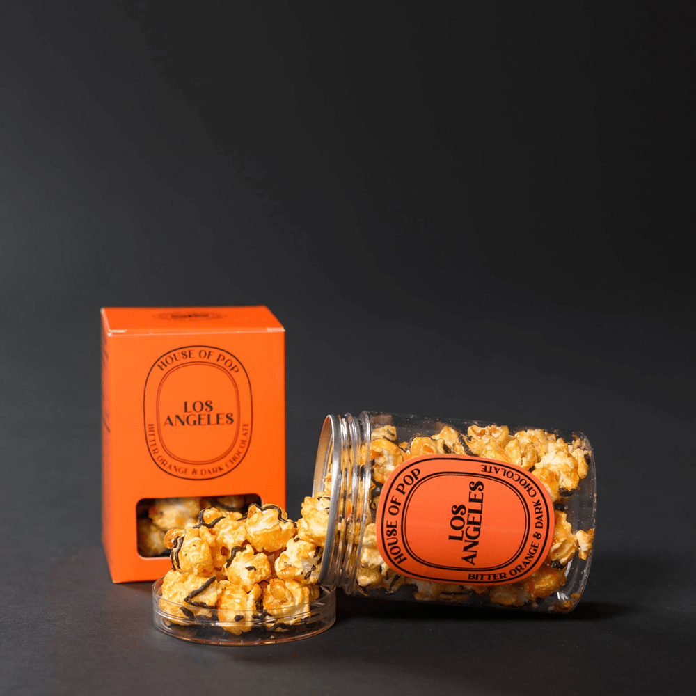HOUSE OF POP Los Angeles Bitter Orange & Belgian Dark Chocolate Artisan Popcorn open jar