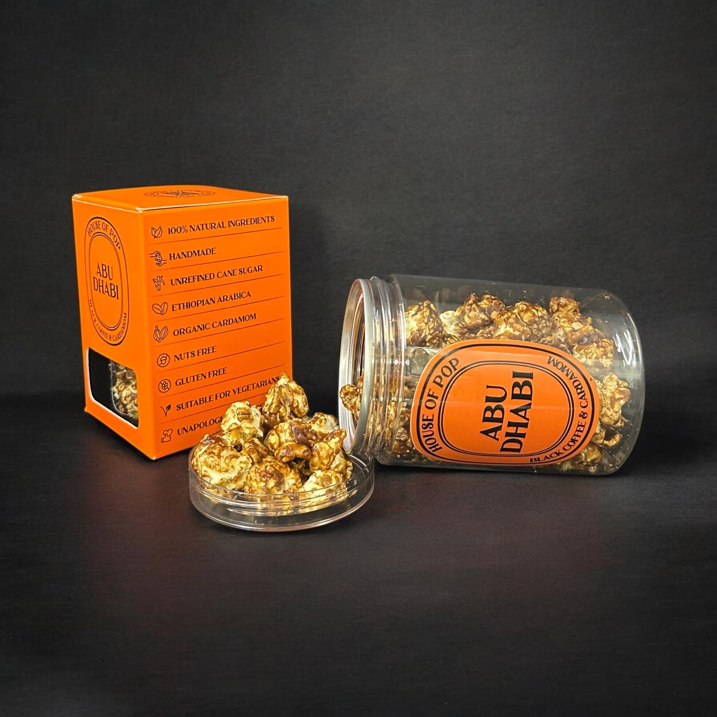 HOUSE OF POP Abu Dhabi Black Coffee & Cardamom Artisan Popcorn open jar
