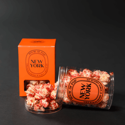 HOUSE OF POP New York Wild Strawberry & Belgian White Chocolate Artisan Popcorn open jar