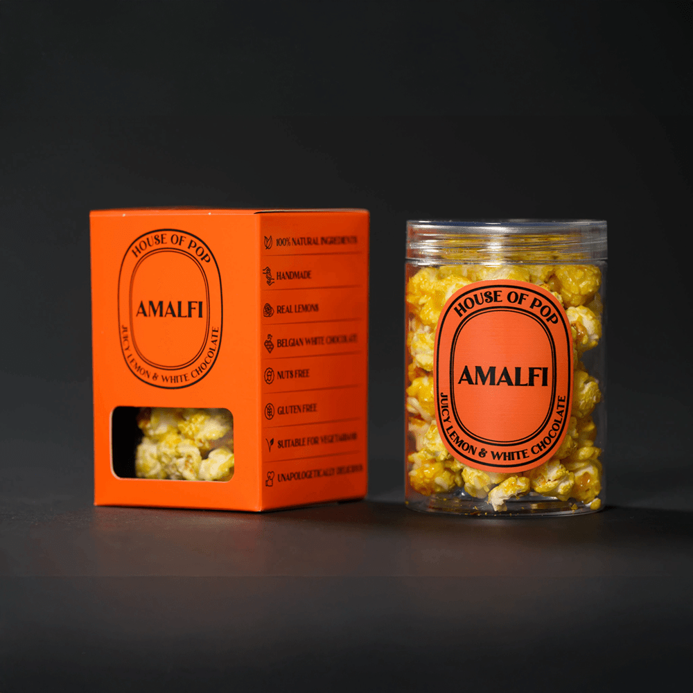 HOUSE OF POP Amalfi Juicy Lemon & Belgian White Chocolate Artisan Popcorn closed jar