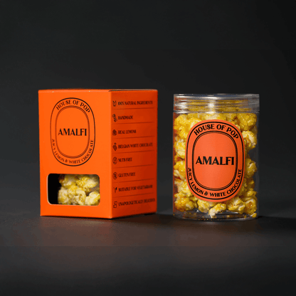 HOUSE OF POP Amalfi Juicy Lemon & Belgian White Chocolate Artisan Popcorn closed jar