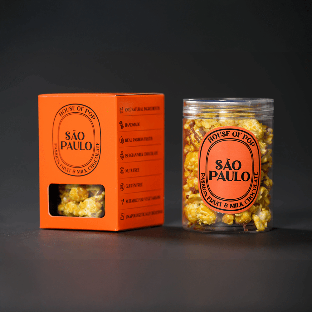 HOUSE OF POP Sao Paulo Passion Fruit & Belgian Milk Chocolate Artisan Popcorn closed jar