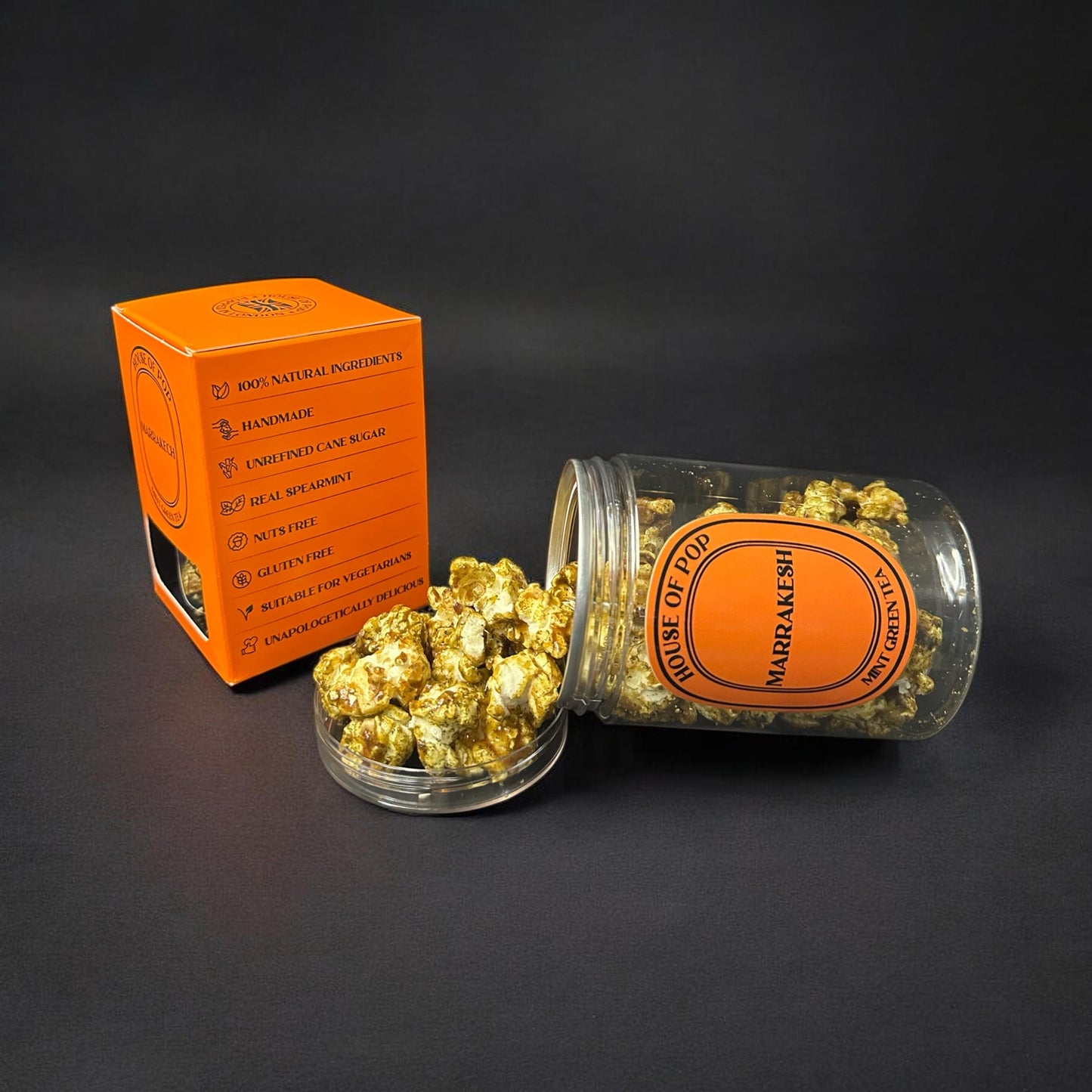 HOUSE OF POP Marrakech Mint Green Tea Artisan Popcorn Open Jar