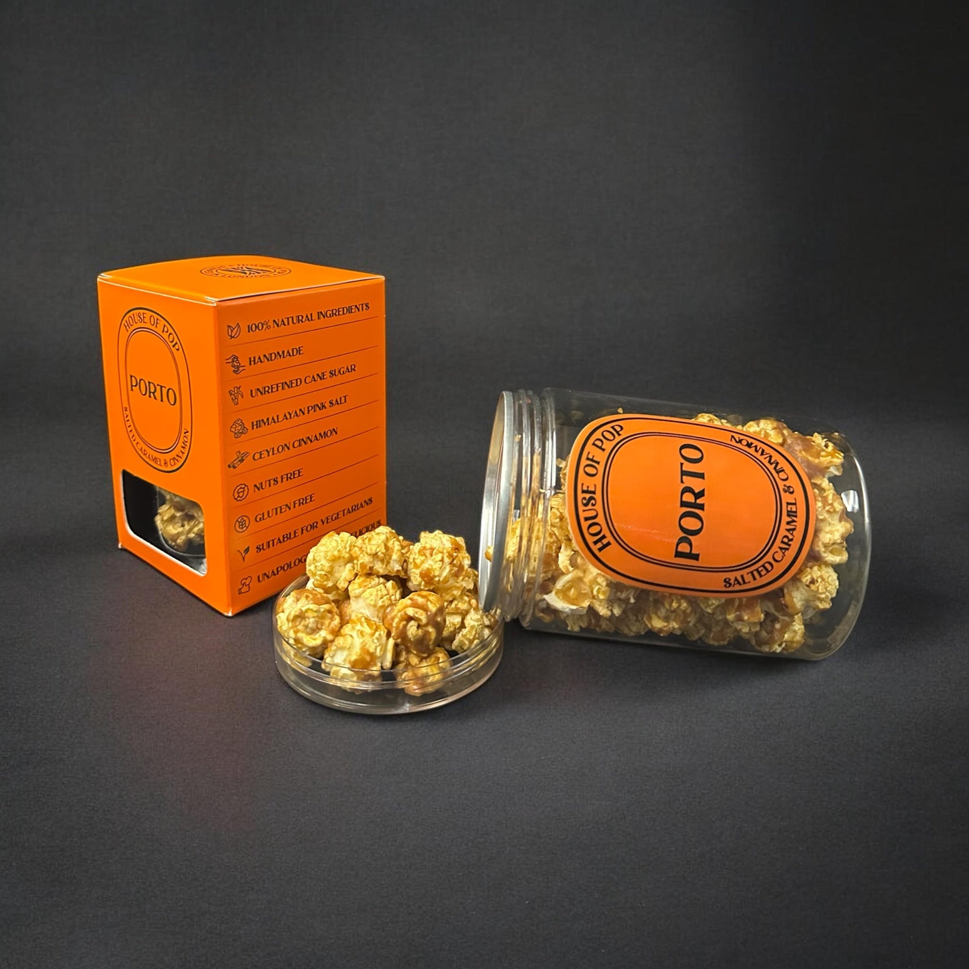 HOUSE OF POP Porto Salted Caramel and Cinnamon Artisan Popcorn Open Jar 