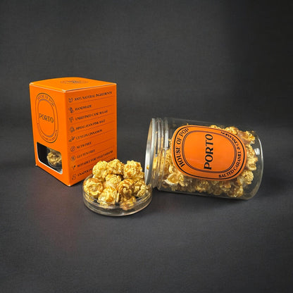 HOUSE OF POP Porto Salted Caramel and Cinnamon Artisan Popcorn Open Jar 