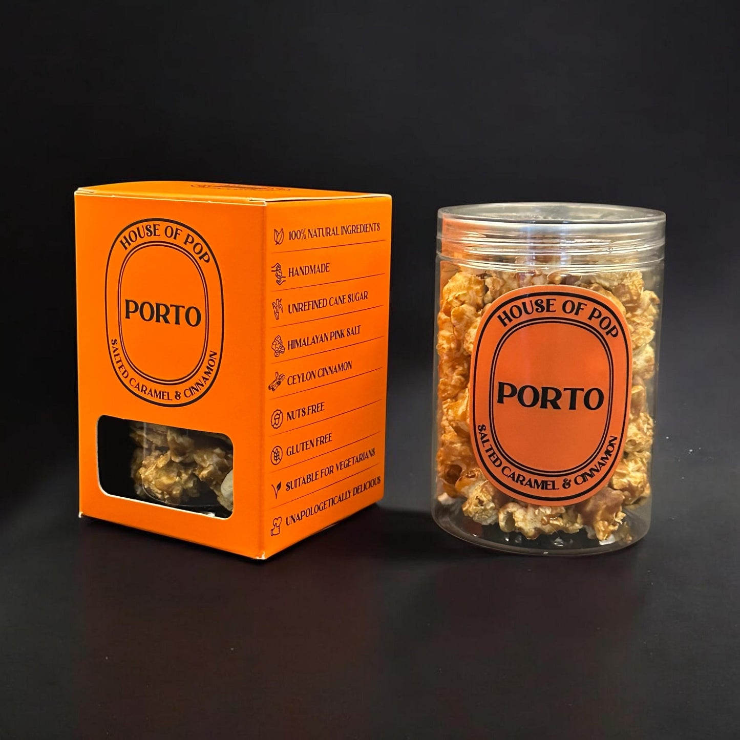 HOUSE OF POP Porto Salted Caramel and Cinnamon Artisan Popcorn Closed Jar